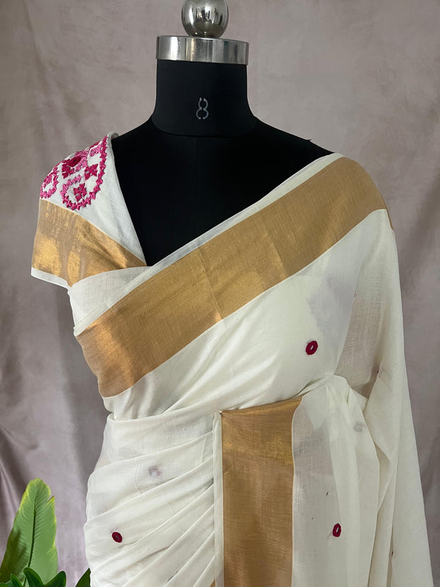 Soft cotton saree with Kutch and mirror work, and Pompom