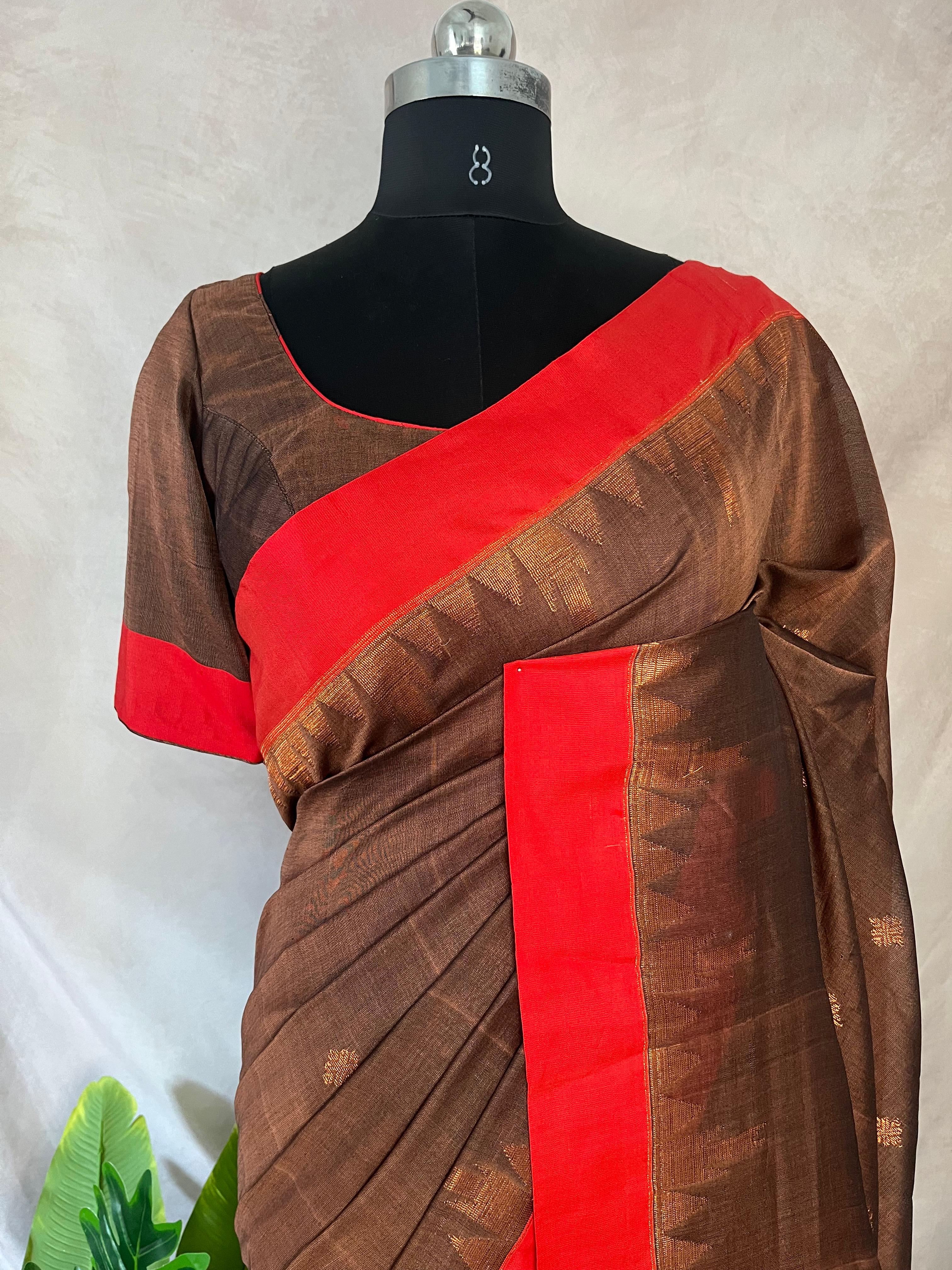 Handloom cotton saree with temple border and stitched blouse
