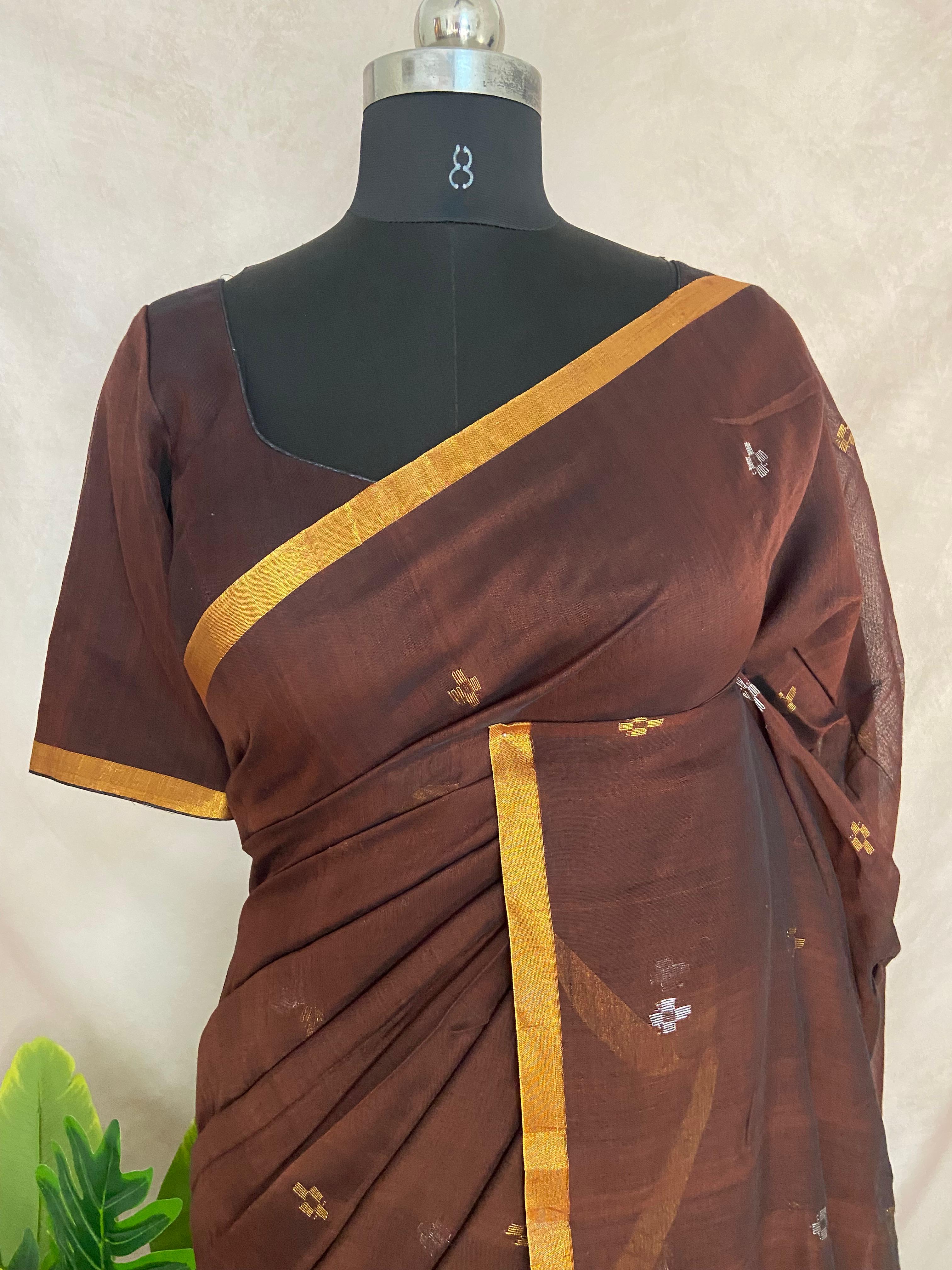 Brown cotton silk handloom jamdani saree with stitched blouse