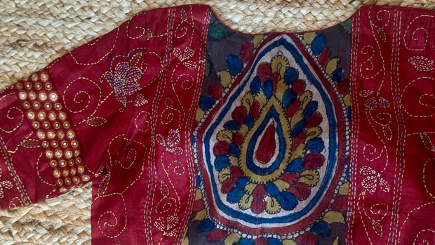 Red patch work blouse with kantha work