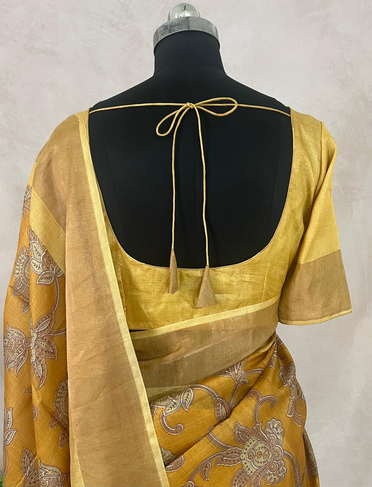 Pure printed tussar silk saree with stitched blouse