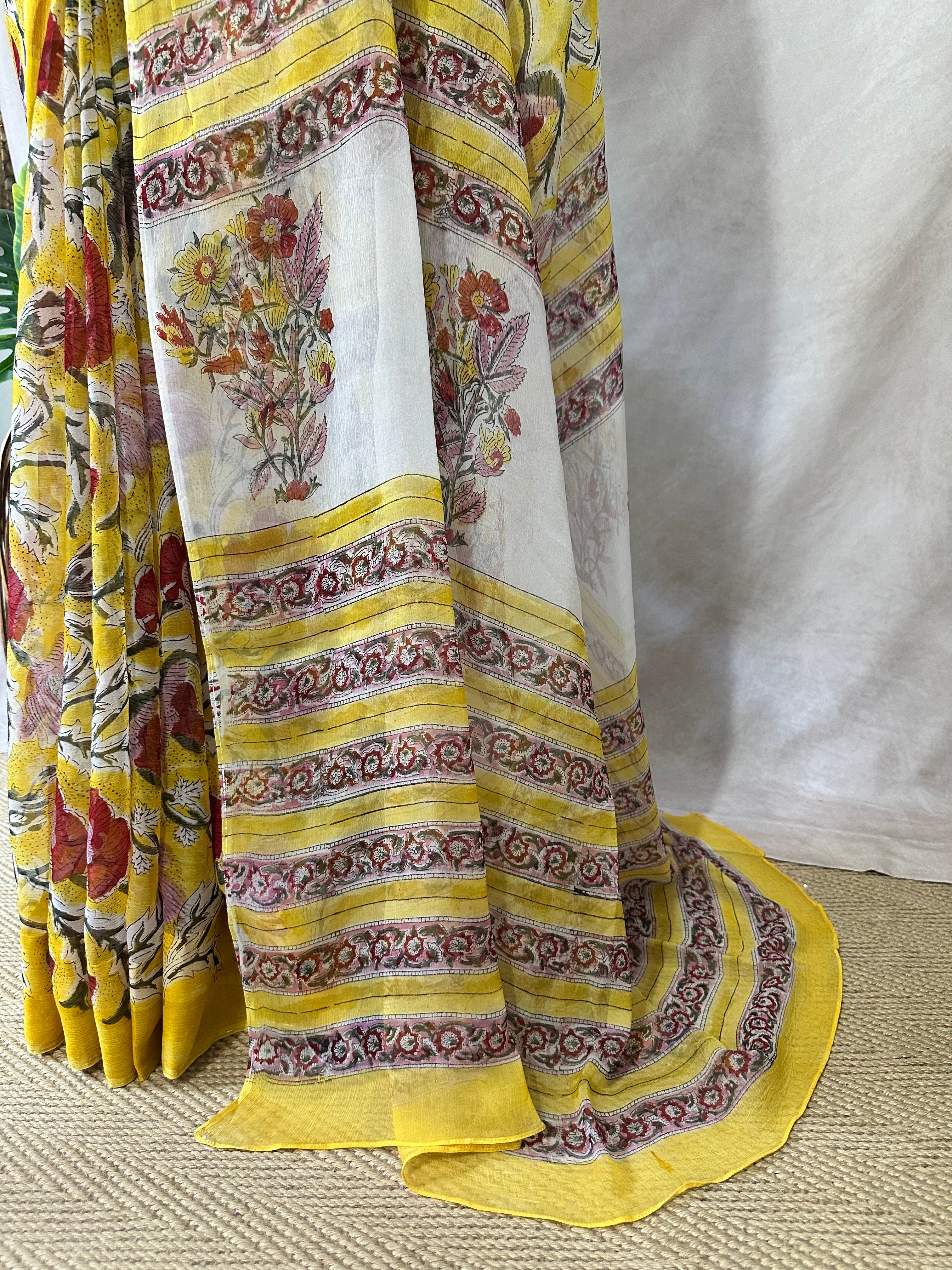Premium handblock printed Pure Chiffon saree , with BP