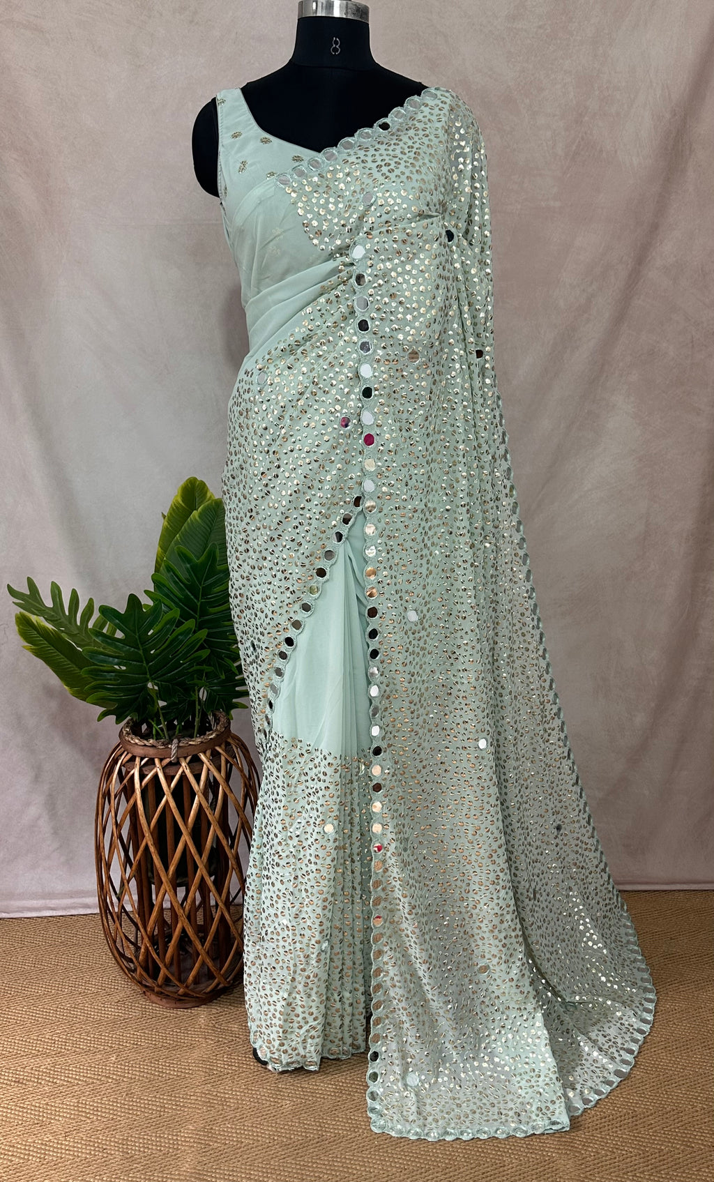 Designer saree with sequins and mirror, stitched blouse and under skirt