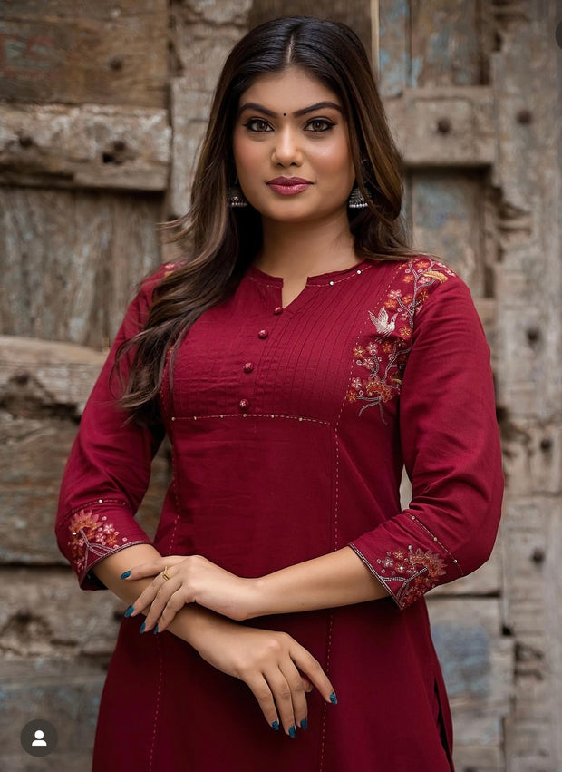 Maroon Cotton kurti with embroidery and bottom