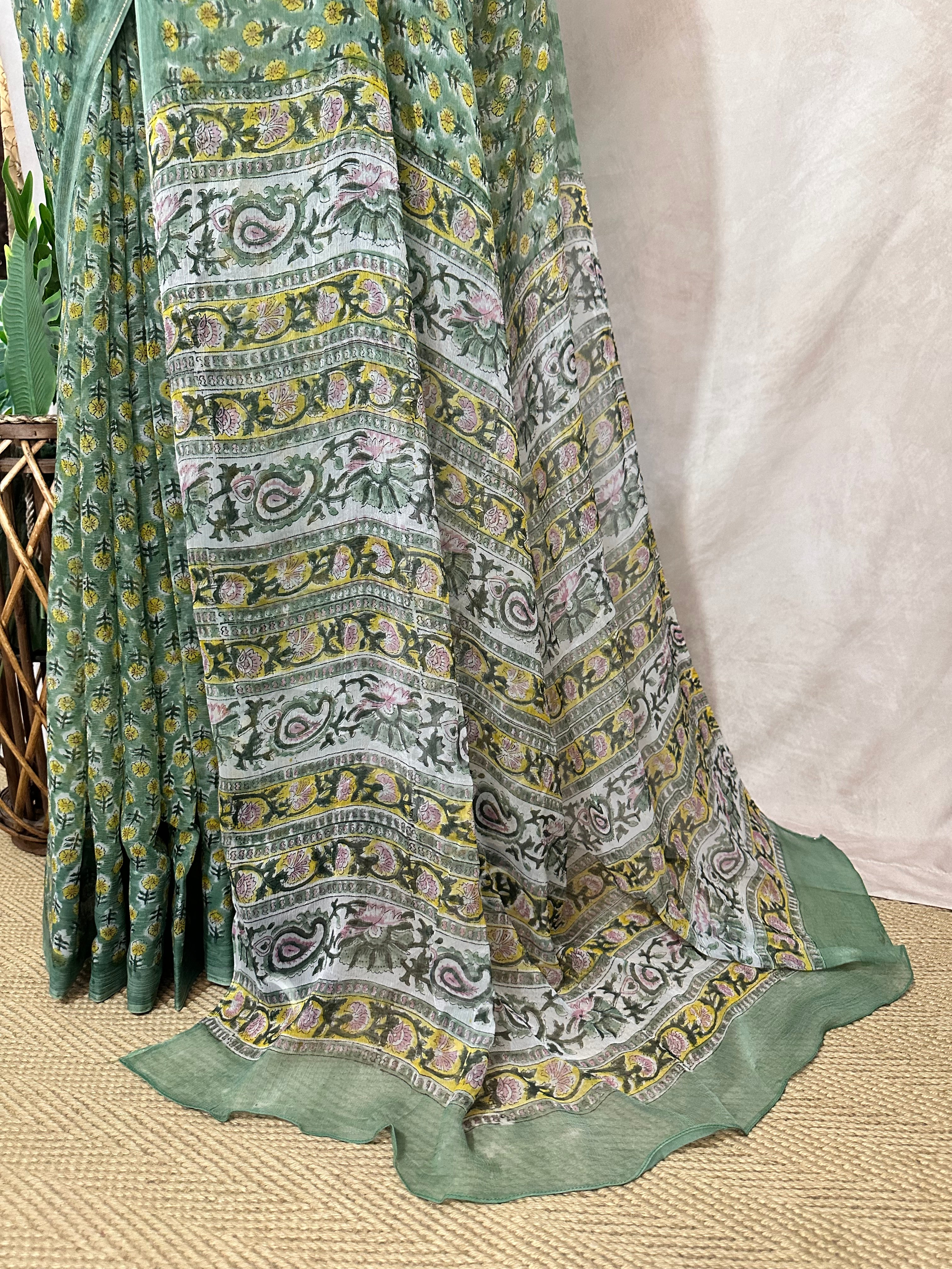 Premium handblock printed Pure Chiffon saree , with BP