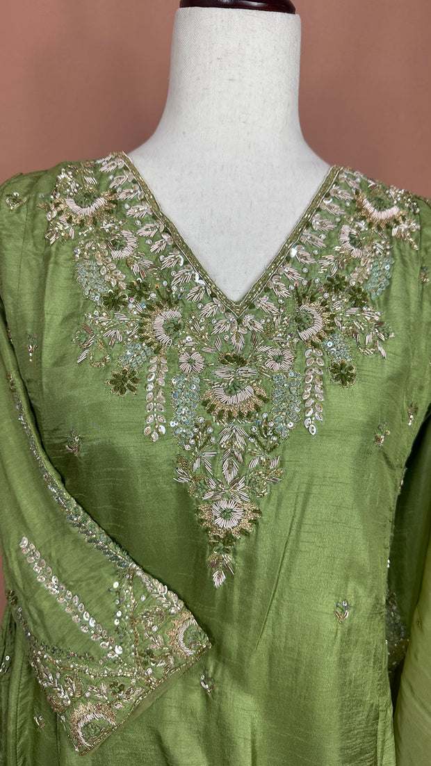Olive green silk kurti set with hand embroidery