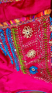 Reddish pink raw silk blouse with lambani work