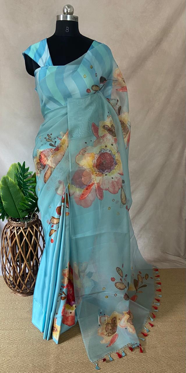 Silk organza digital printed saree with Organza and Satin half and half saree , BP