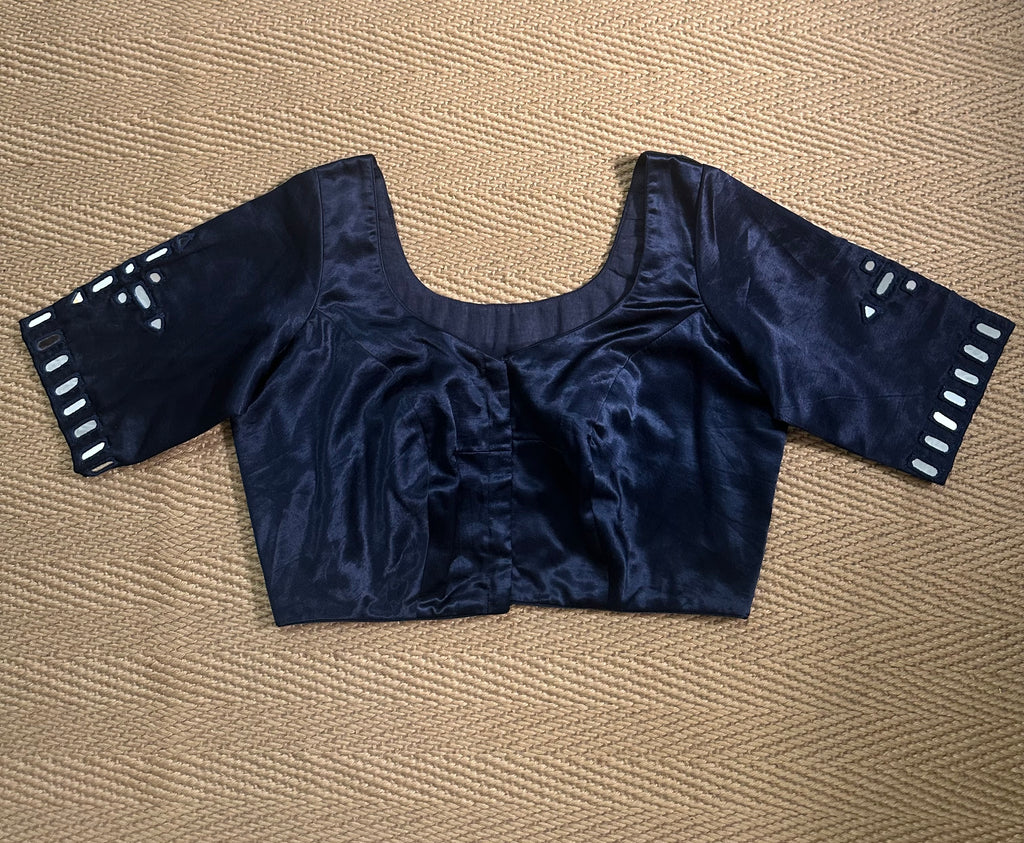 Navy blue modal silk blouse with mirror work