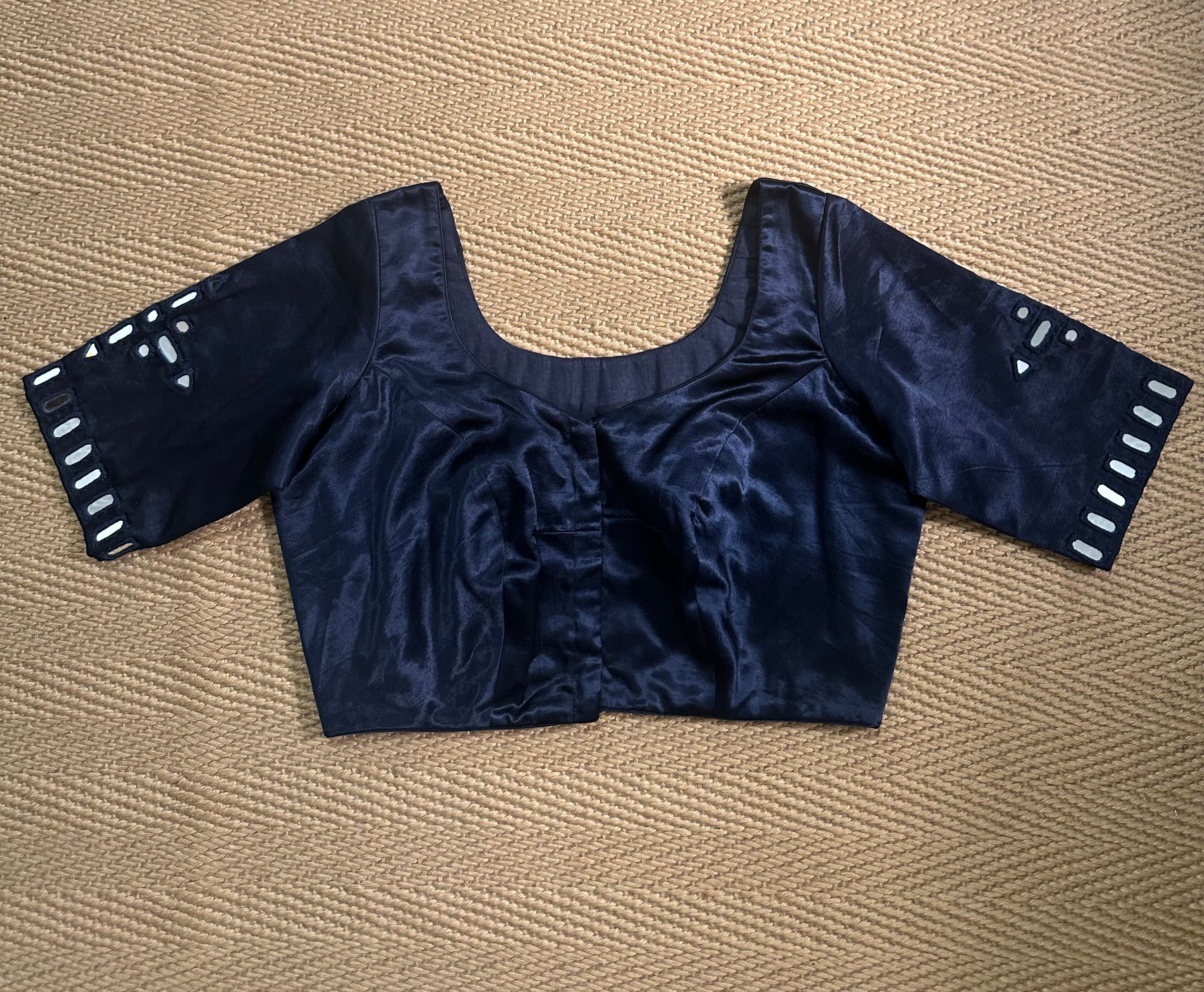 Navy blue modal silk blouse with mirror work