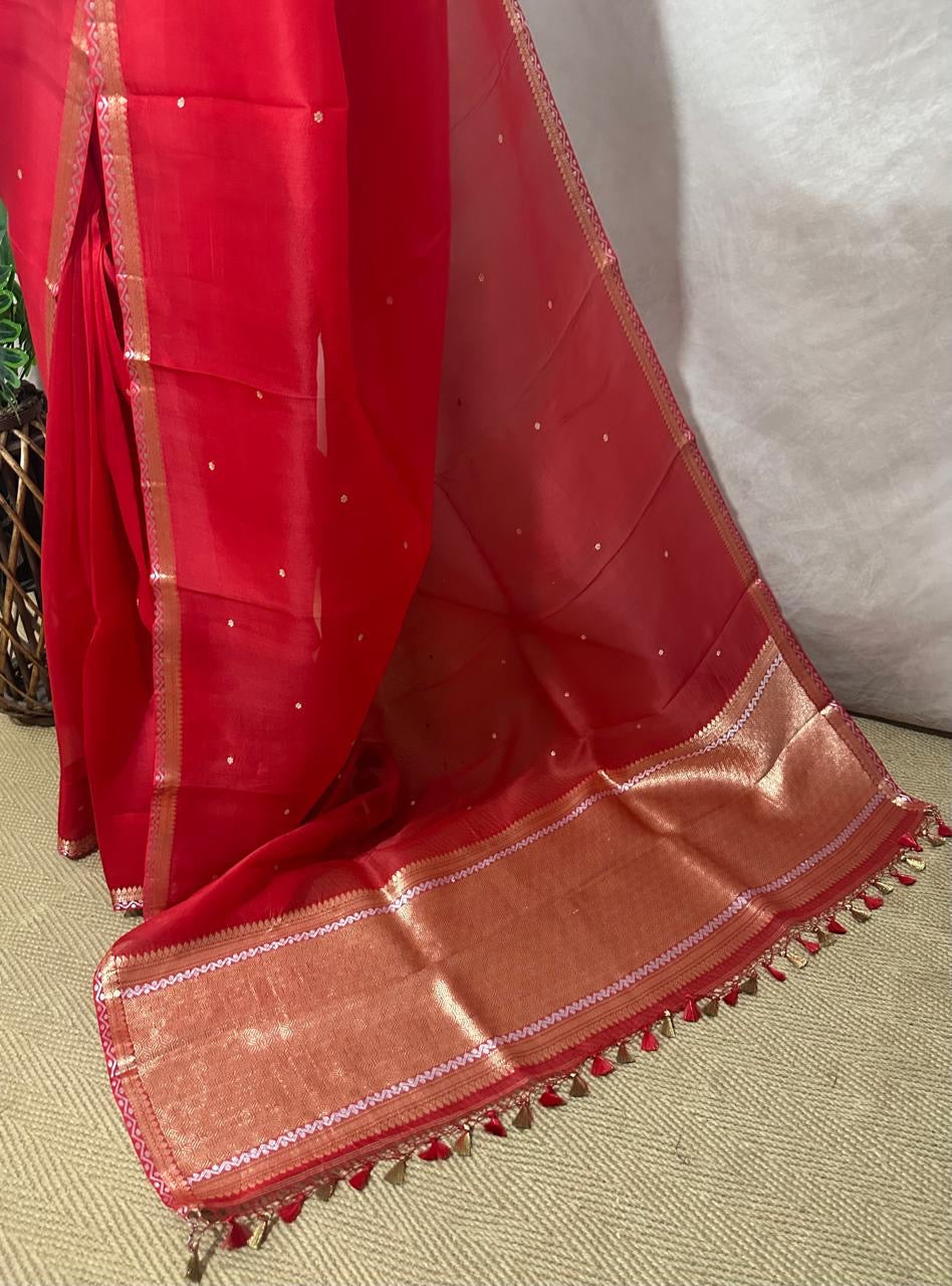 Kora silk saree with small border and stitched blouse and under skirt