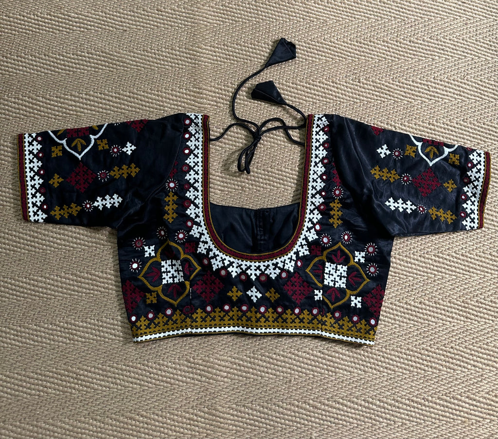 Black modal silk blouse with mirror work and hand Kutch Embroidery