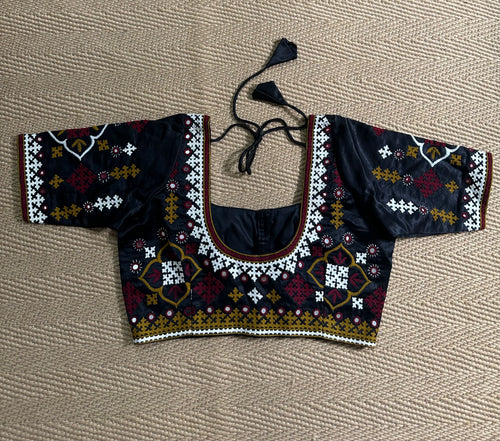 Black modal silk blouse with mirror work and hand Kutch Embroidery