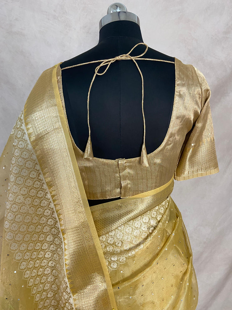 Yellow Tissue Kotta silk saree with mirror and chikankari work, with stitched blouse