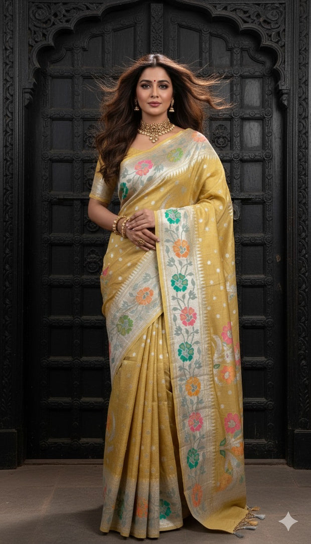 Pure Tussar Georgette Hand Loom Banarsi Saree With Paithani Border and Stitched Blouse