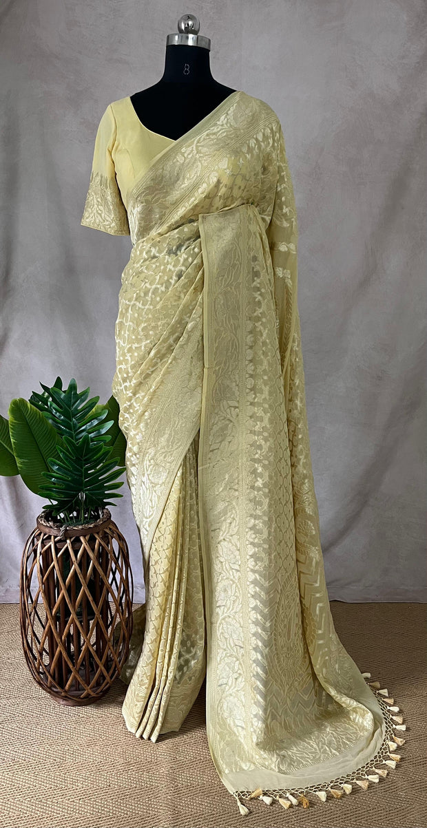 Light yellow pure Geogette silk saree with stitched blouse