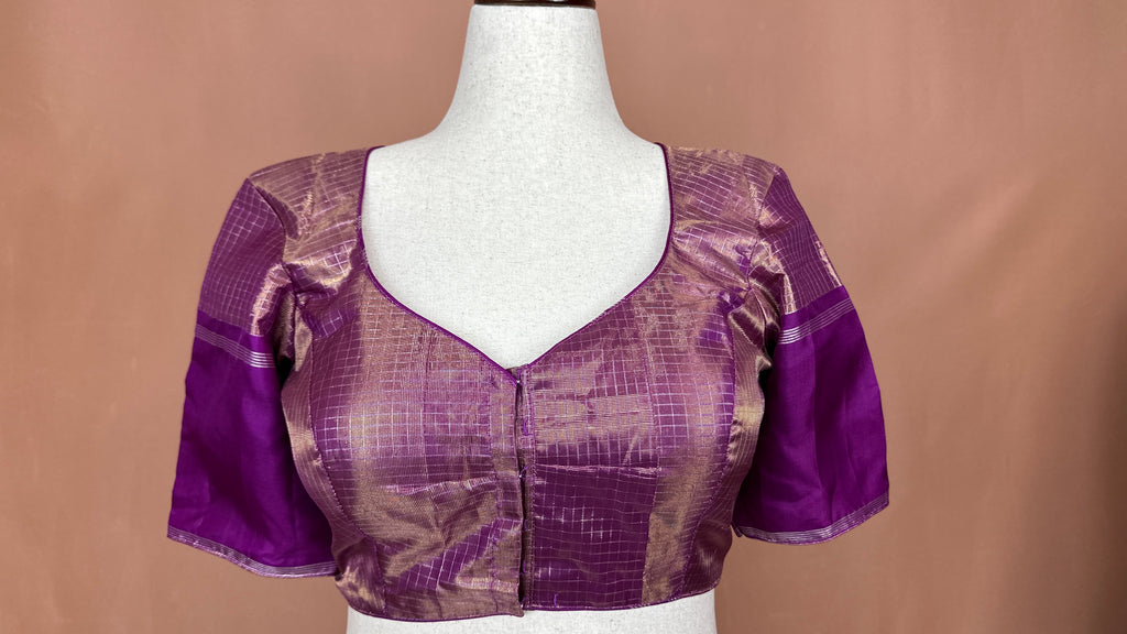 Purple Handloom Pure Silk Tissue Kanchivaram Saree With Stitched Blouse