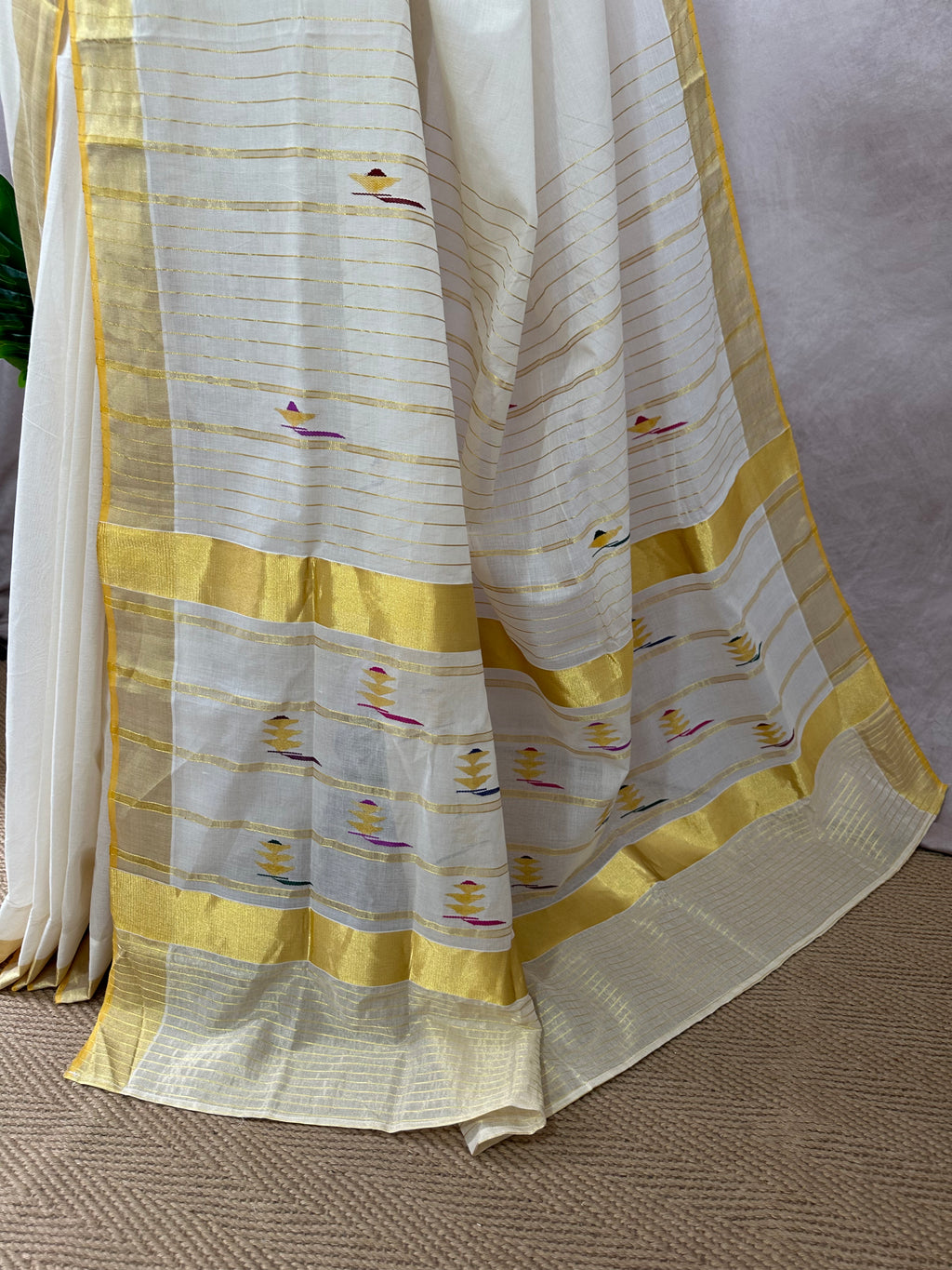 Balaramapuram handloom saree with multi color weave pallu and gold border