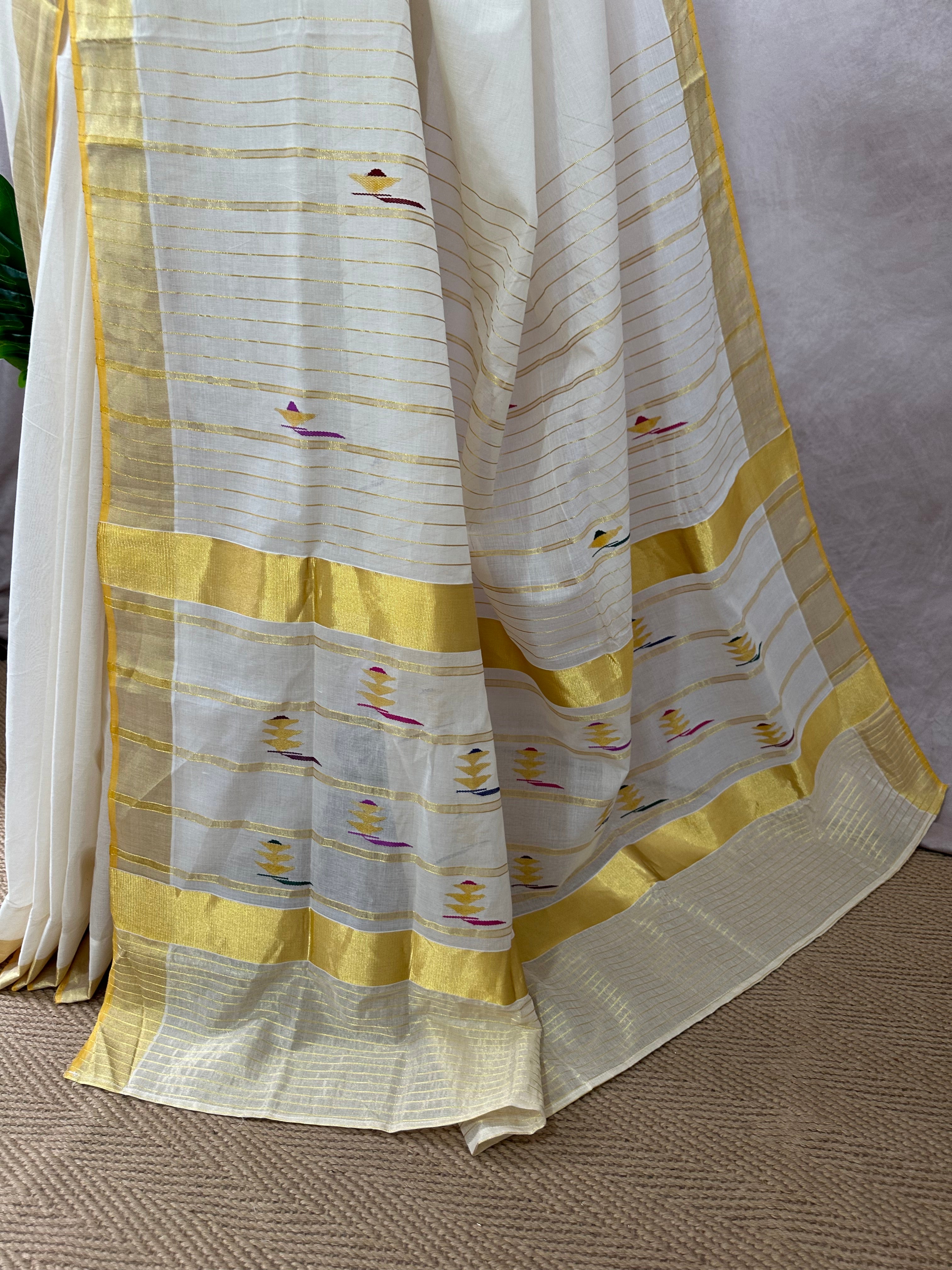 Balaramapuram handloom saree with multi color weave pallu and gold border