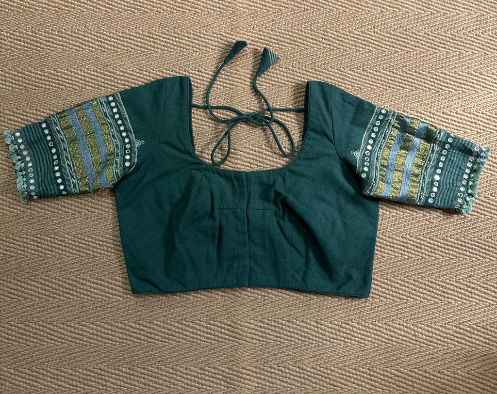 Bottle green Kala cotton blouse with mirror work