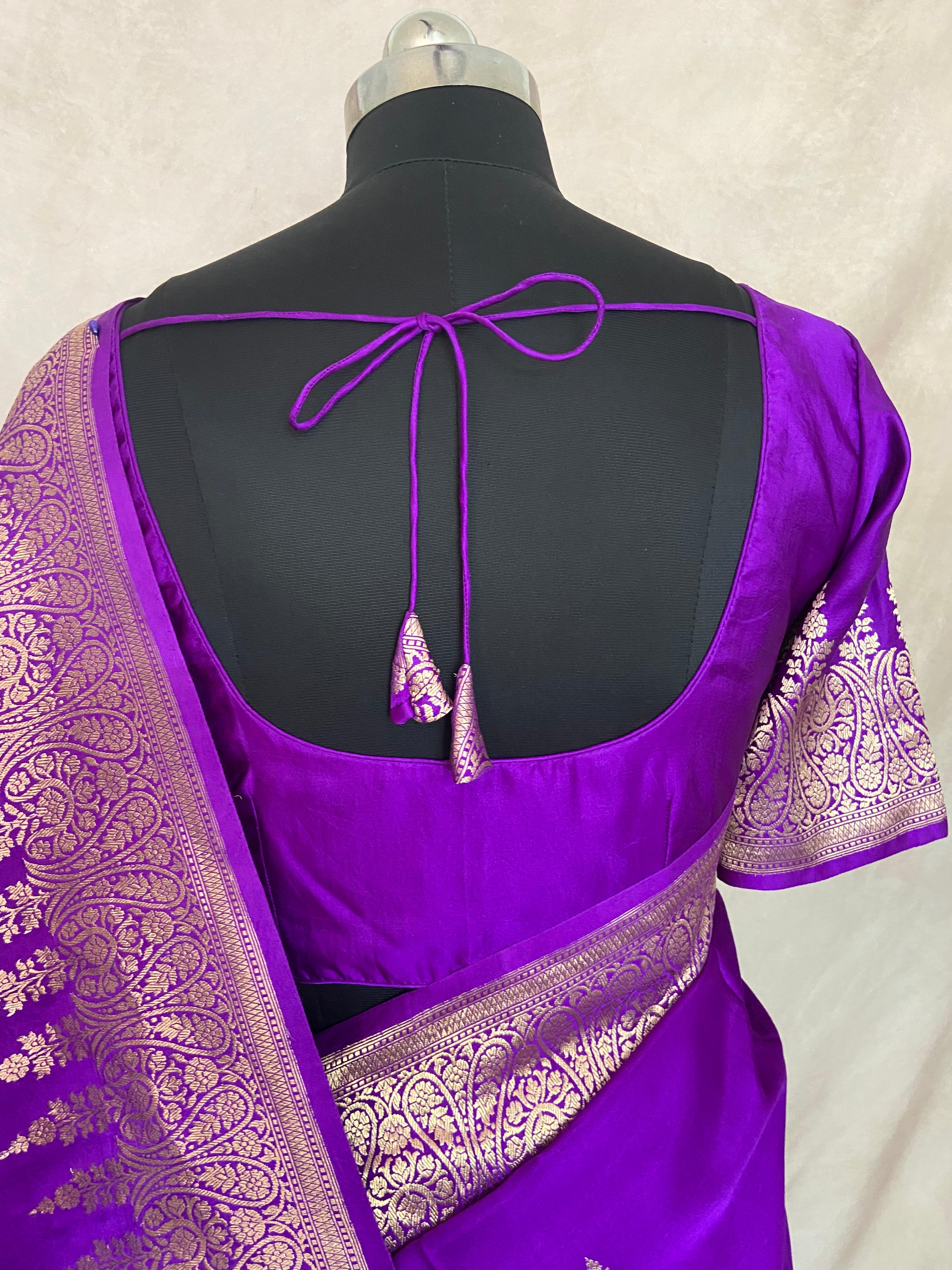 Pure Purple Mashru silk saree with stitched blouse
