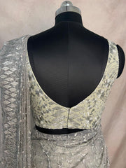 Pastel green lace fabric ready to wear saree with designer blouse