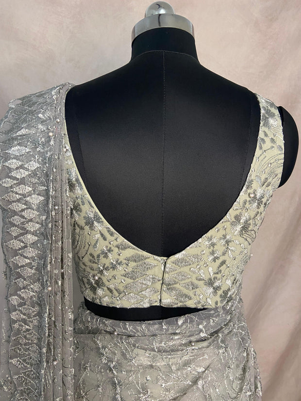 Pastel green lace fabric ready to wear saree with designer blouse