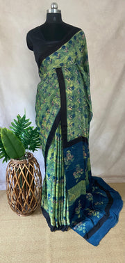 Nashpal Tussar by modal silk saree with hand block print with natural dye, with BP