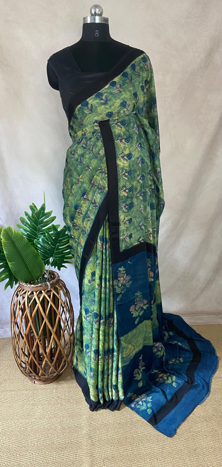 Nashpal Tussar by modal silk saree with hand block print with natural dye, with BP