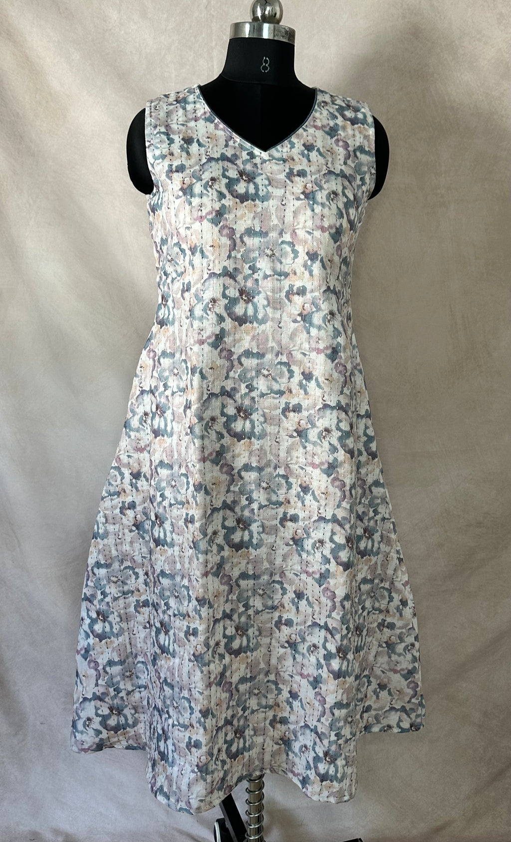 Off white printed linen dress