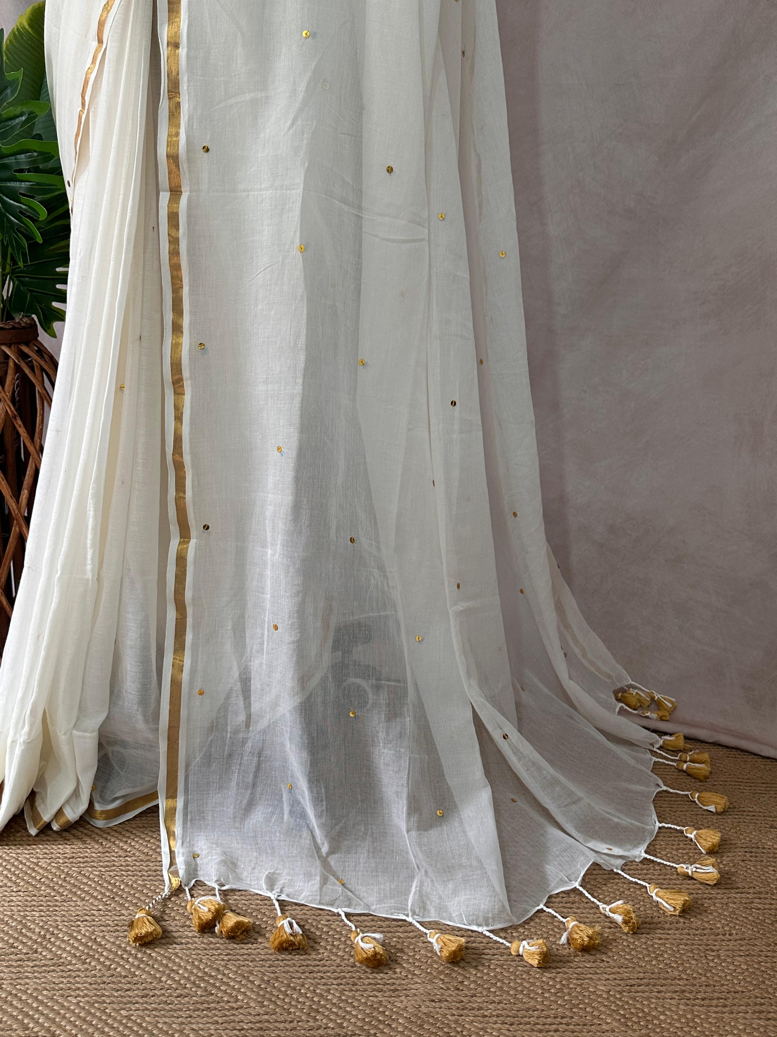 Pure mulcotton saree with sequins
