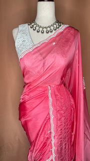 Watermenlon pink georgette organza saree with sequins work, with BP
