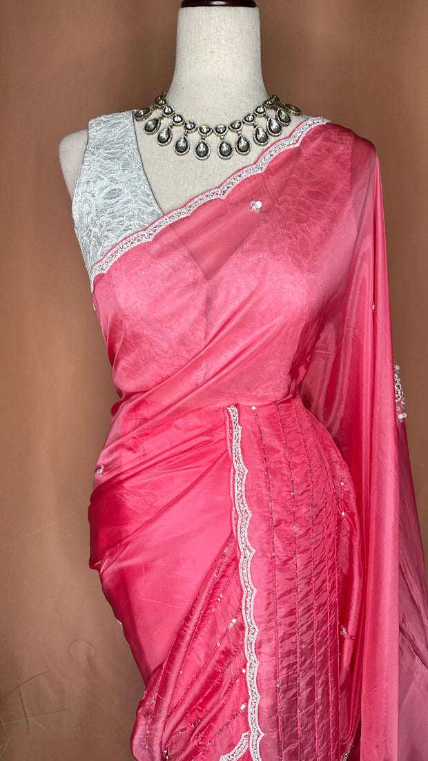 Watermenlon pink georgette organza saree with sequins work, with BP