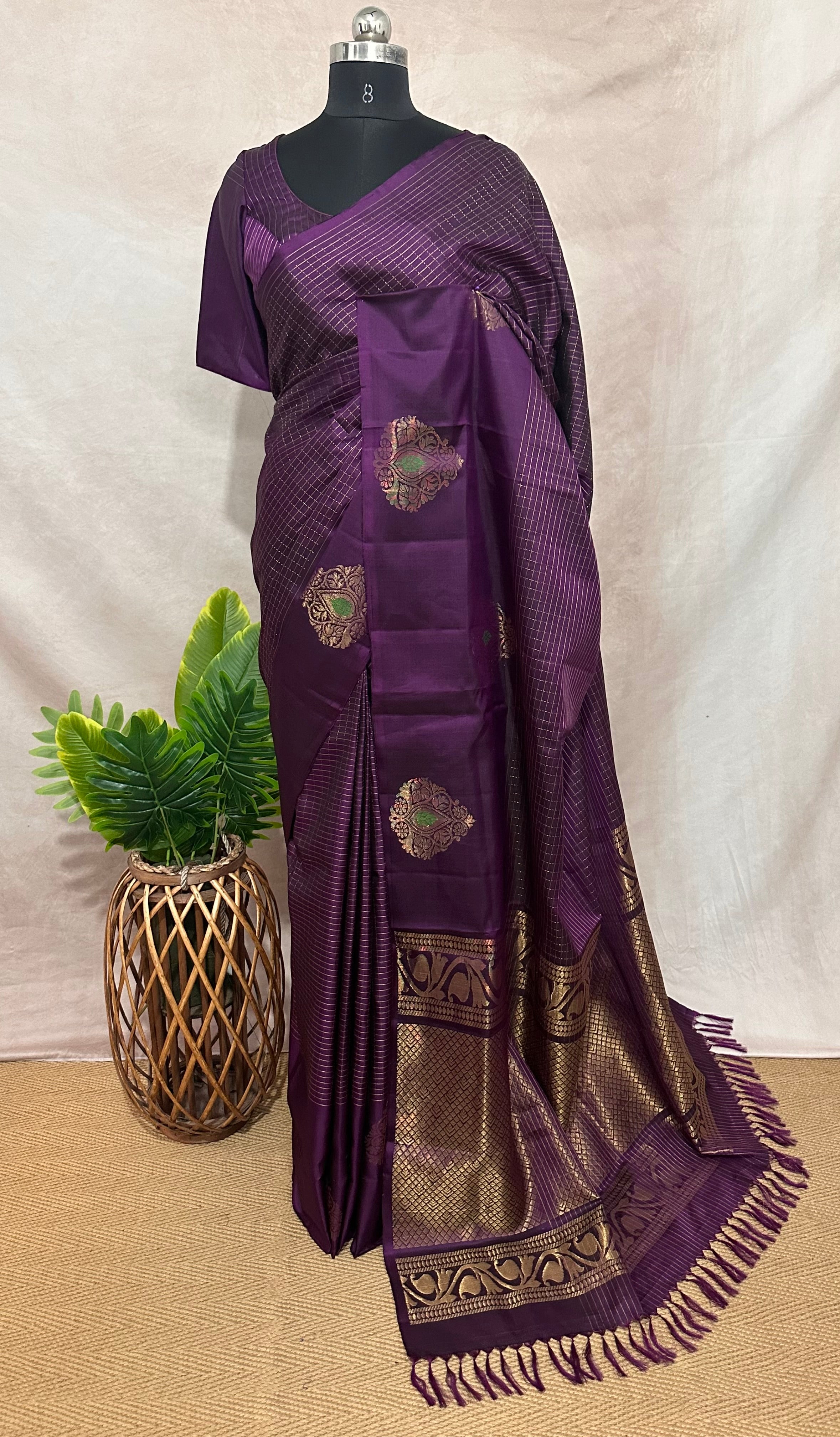 Purple pure Kanchivaram soft silk saree with stitched blouse