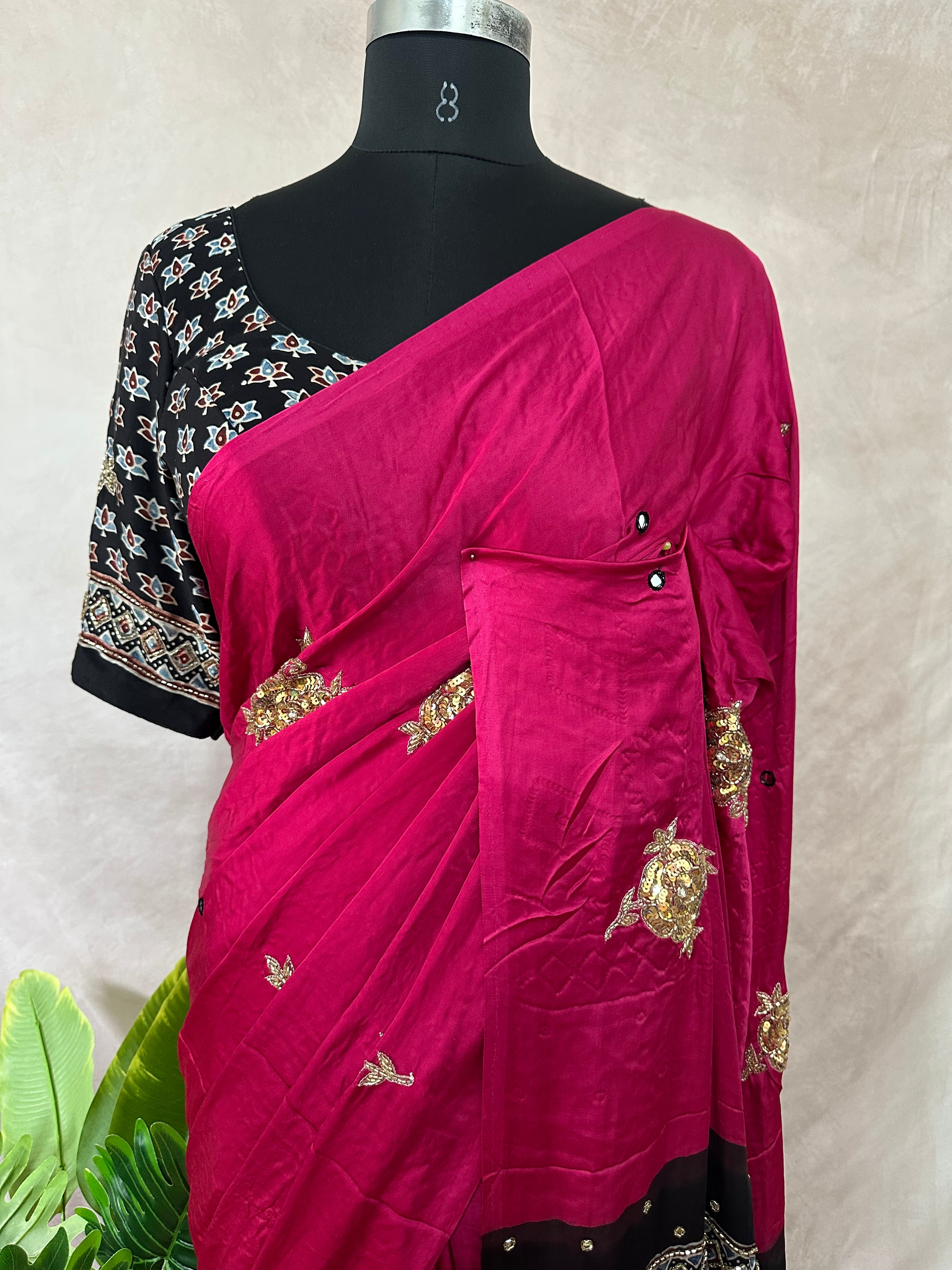 Modal silk saree with bead and mirror work , stitched blouse