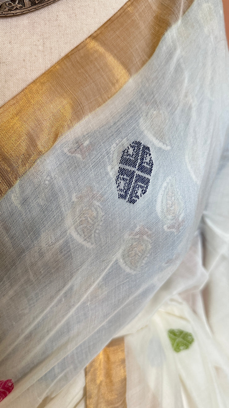 Handloom cotton saree with multicolor butta, with BP
