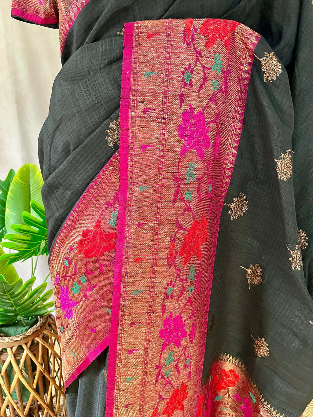 Pure Dupion silk Black saree with muniya border and stitched blouse