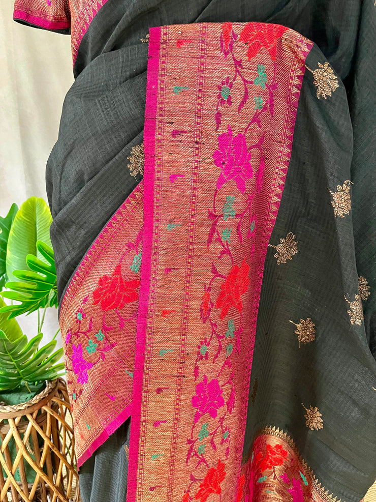 Pure Dupion silk Black saree with muniya border and stitched blouse