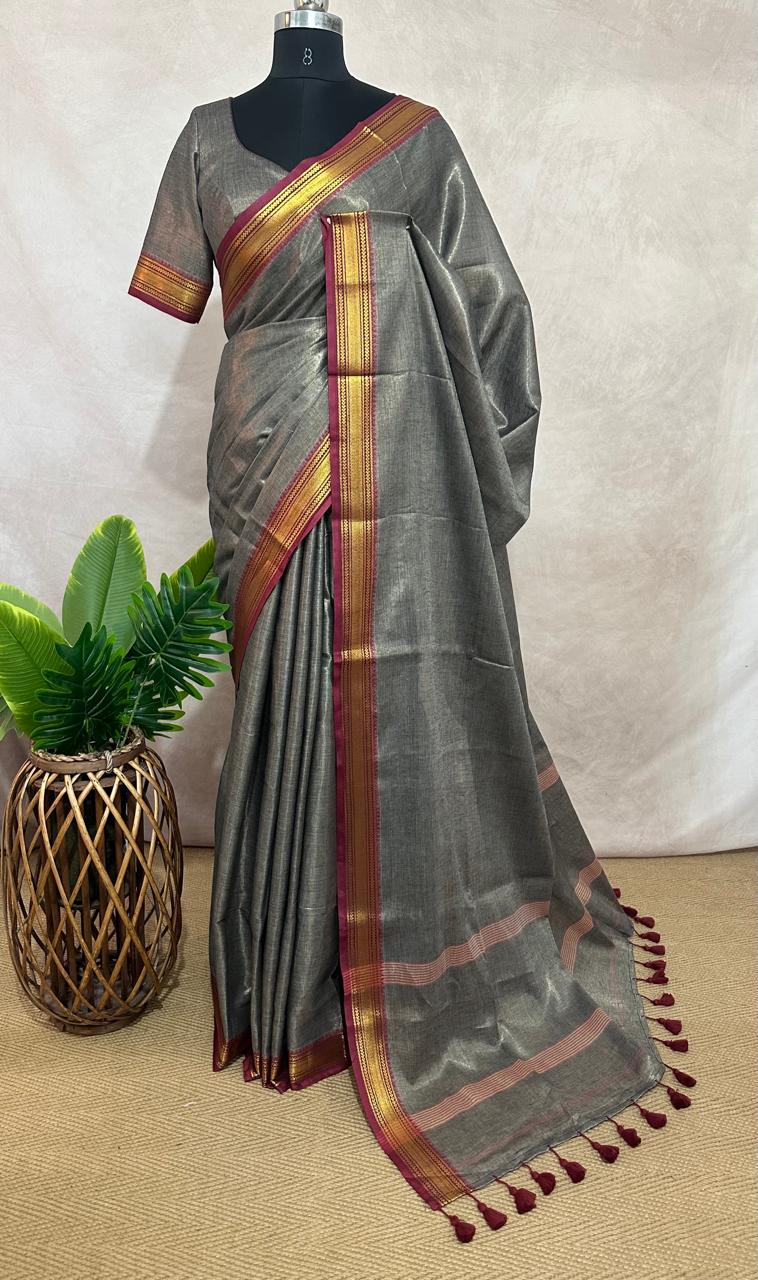 Handloom tissue cotton saree with stitched blouse