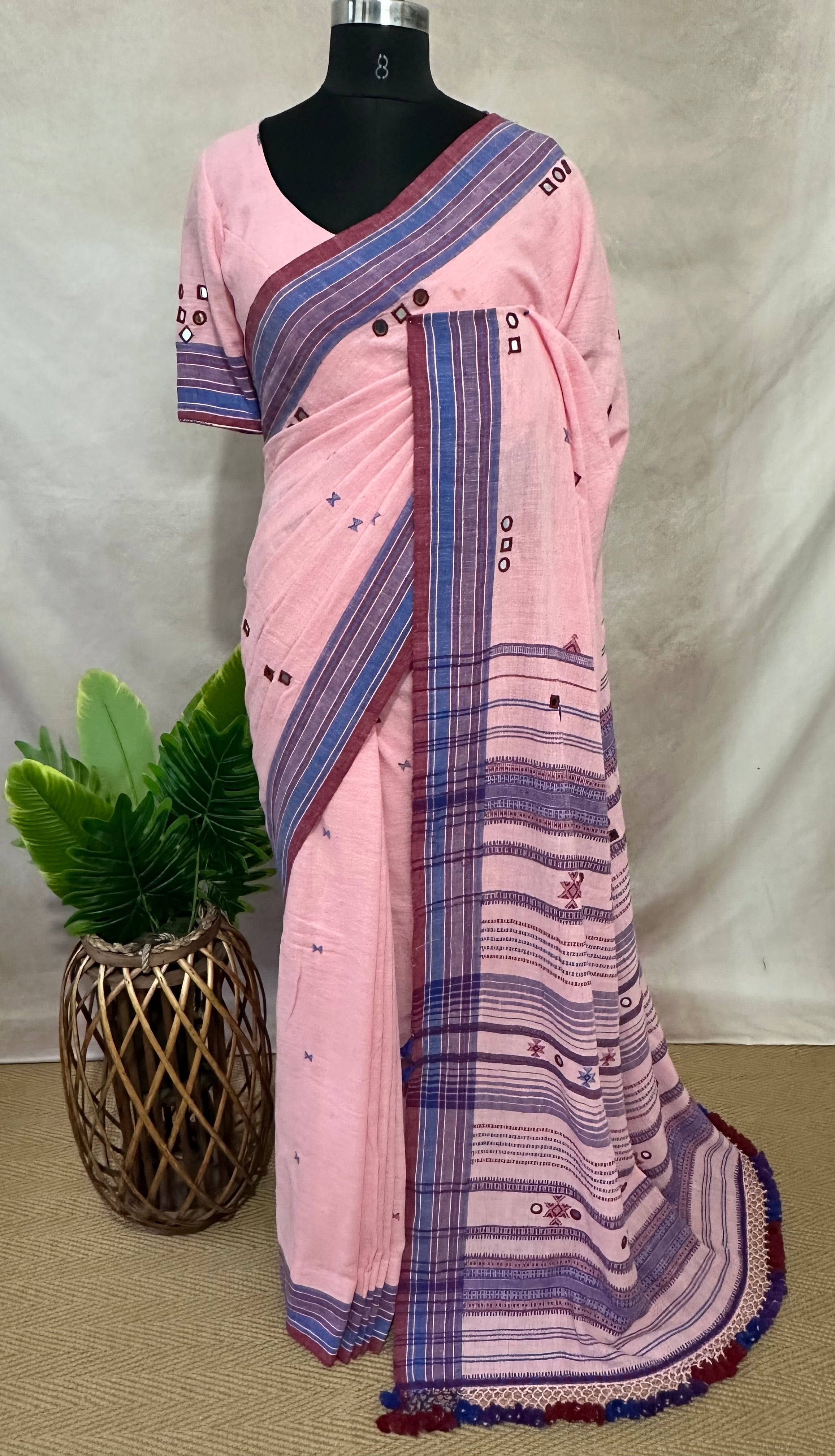 Organic Kala cotton handloom saree with mirror work , stitched blouse