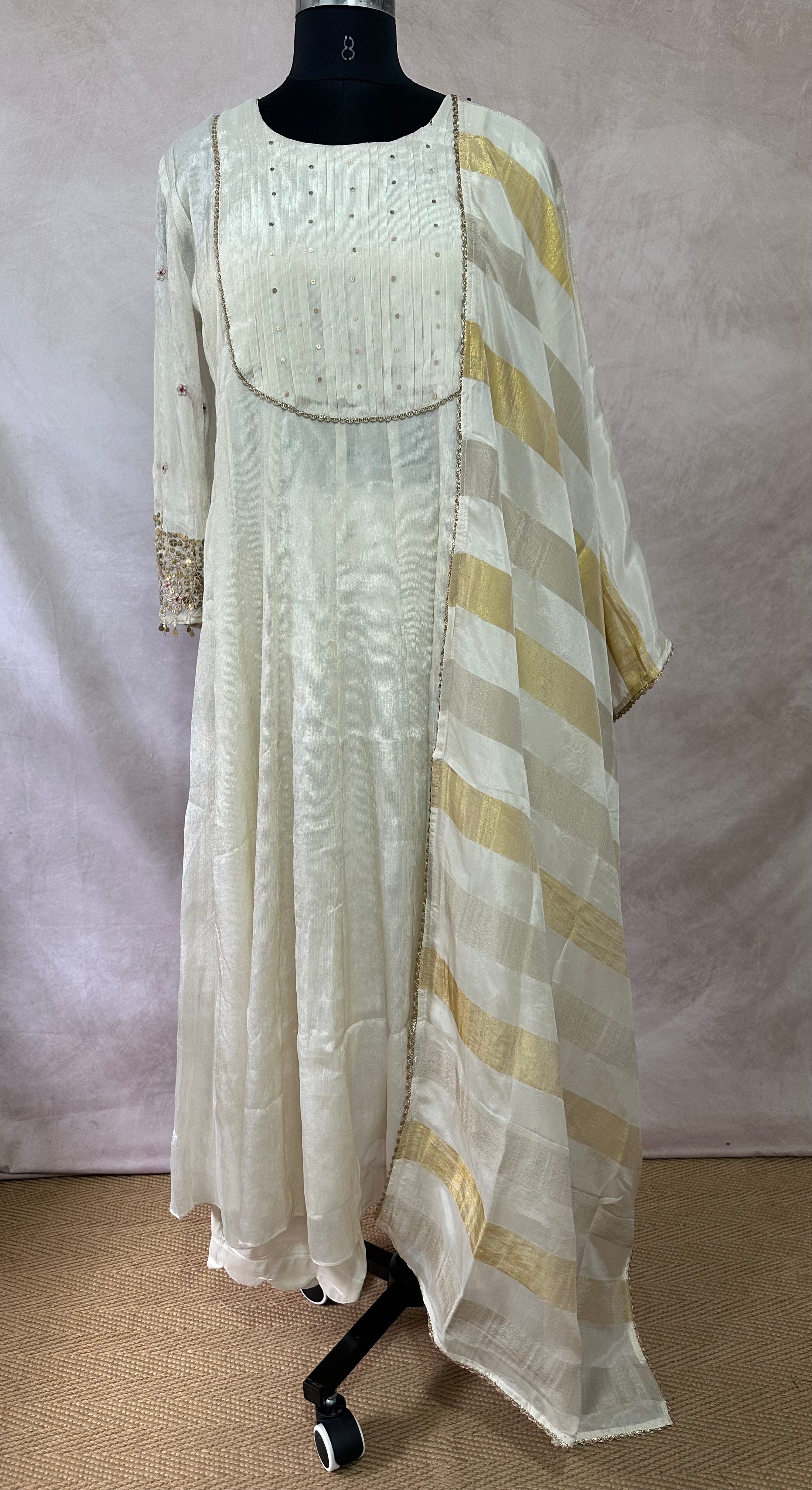 Off white crepe tissue silk anarkali with bottom and dupatta