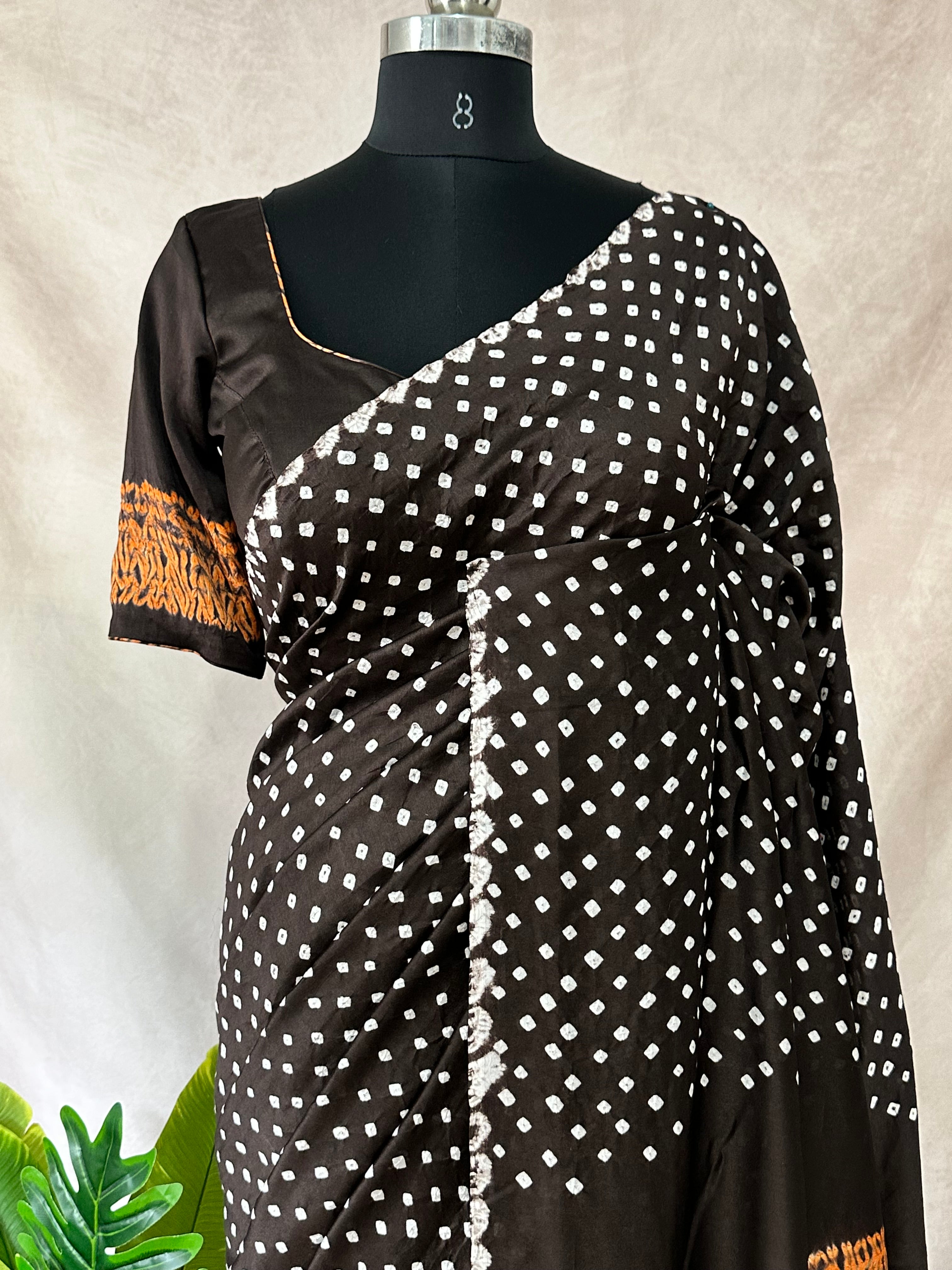 Pure chanderi silk saree with Bandhini and shibori work, stitched blouse