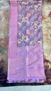 Lotus pink Semi tissue banarsi brocade saree with stitched bluse