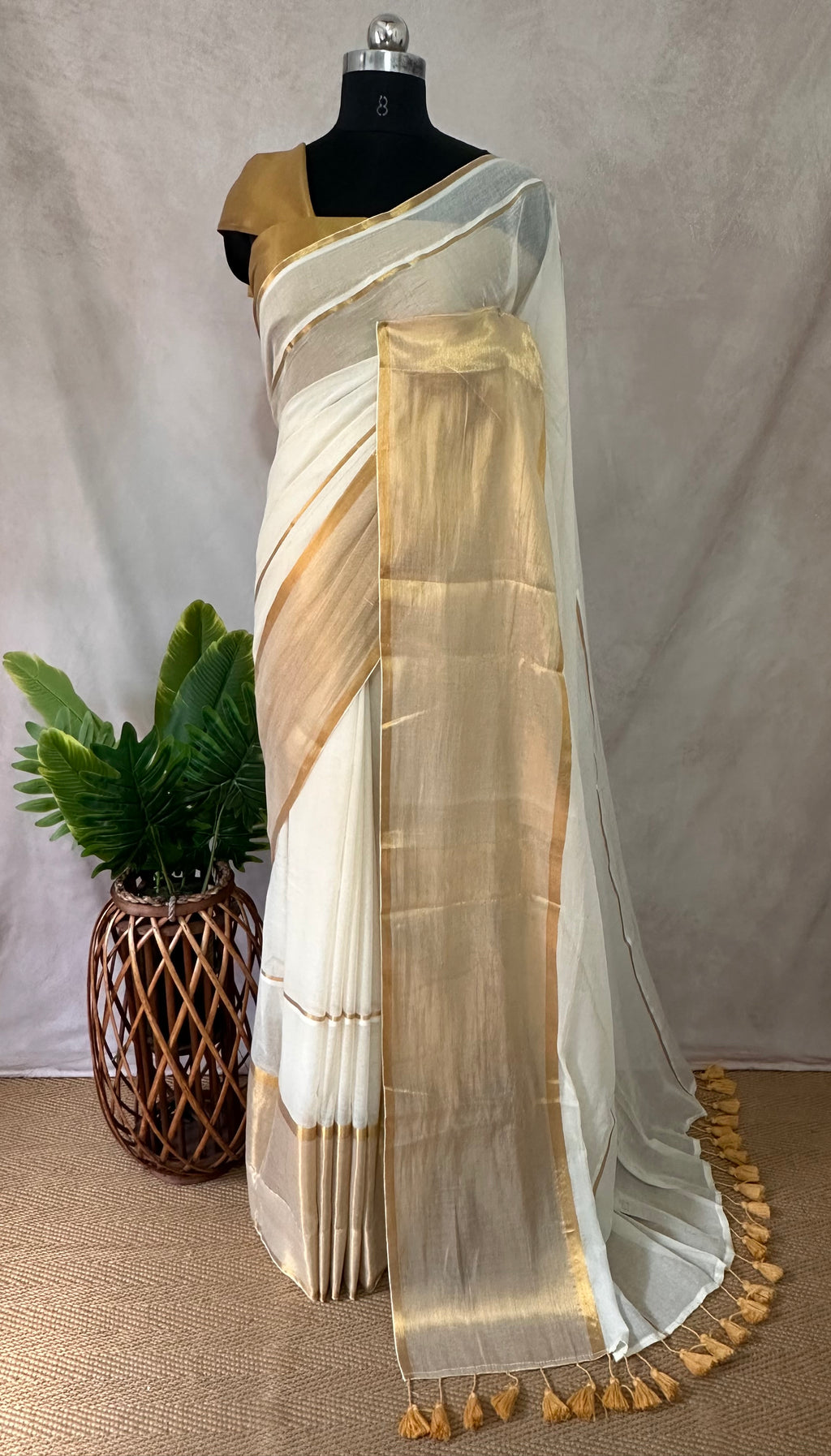 Gold 120 count mulcotton saree with zari lines