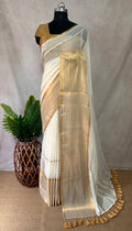Gold 120 count mulcotton saree with zari lines