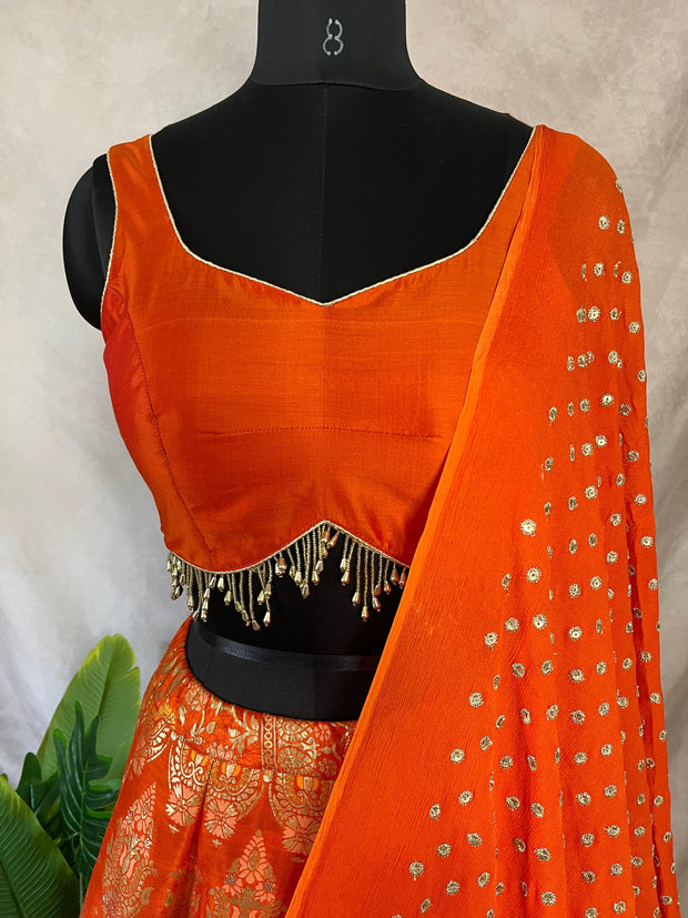 Orange Banarsi silk lehanga