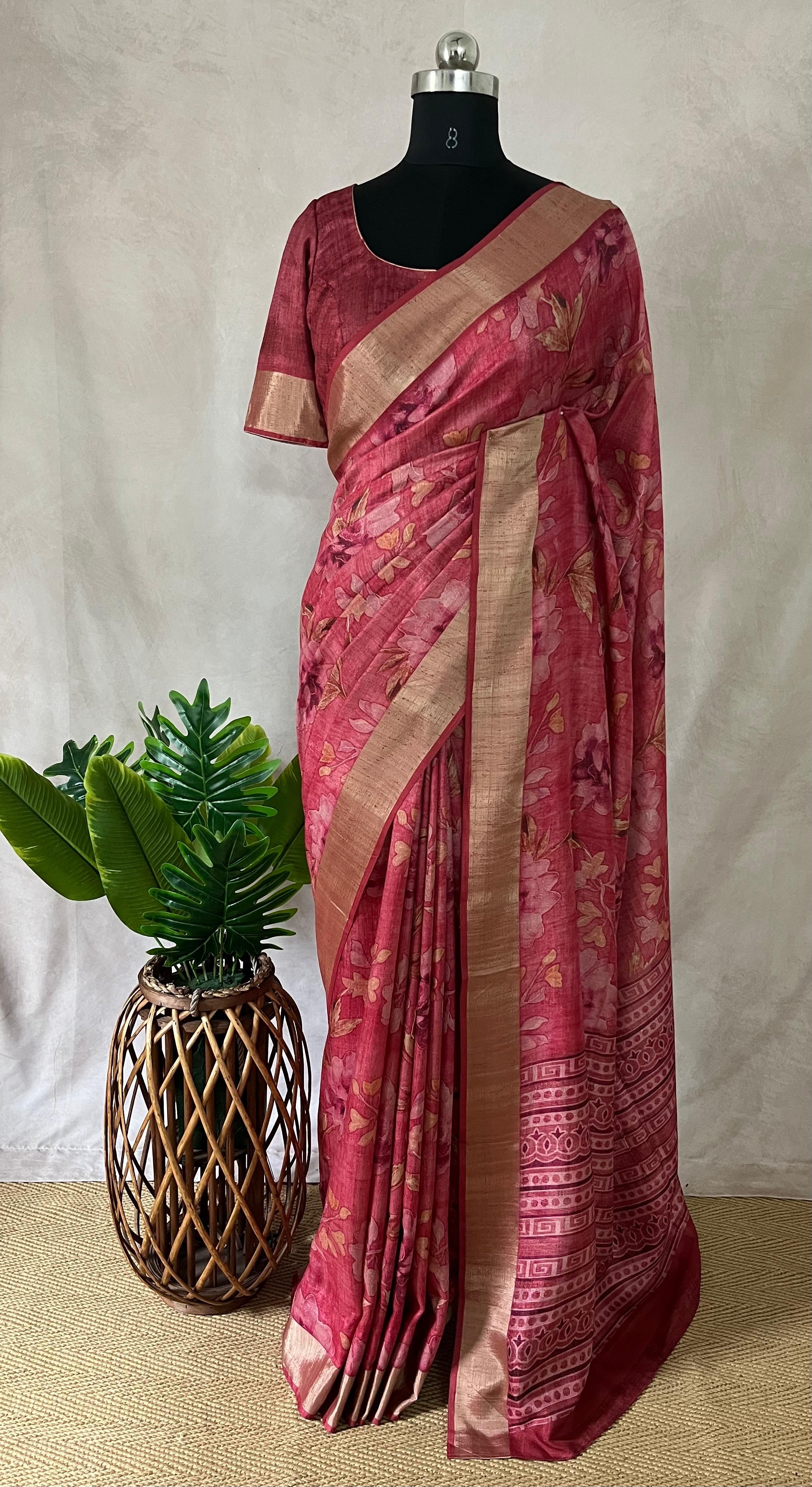 Pink semi soft tussar silk saree with floral print, with stitched blouse