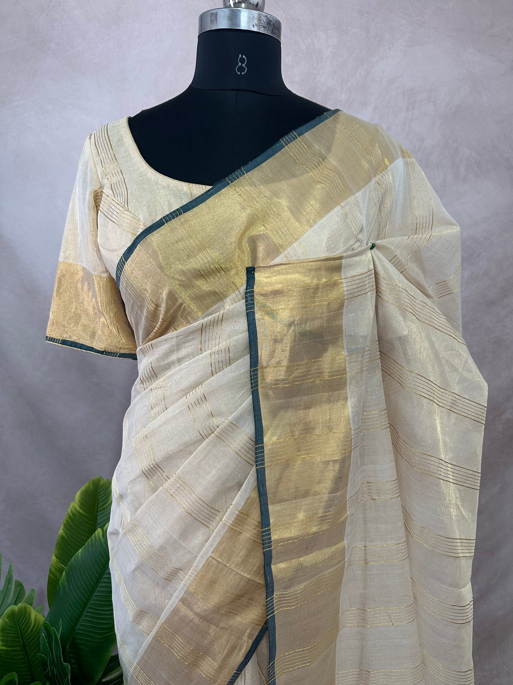 Handloom tissue kerala kasavu saree with stitched blouse