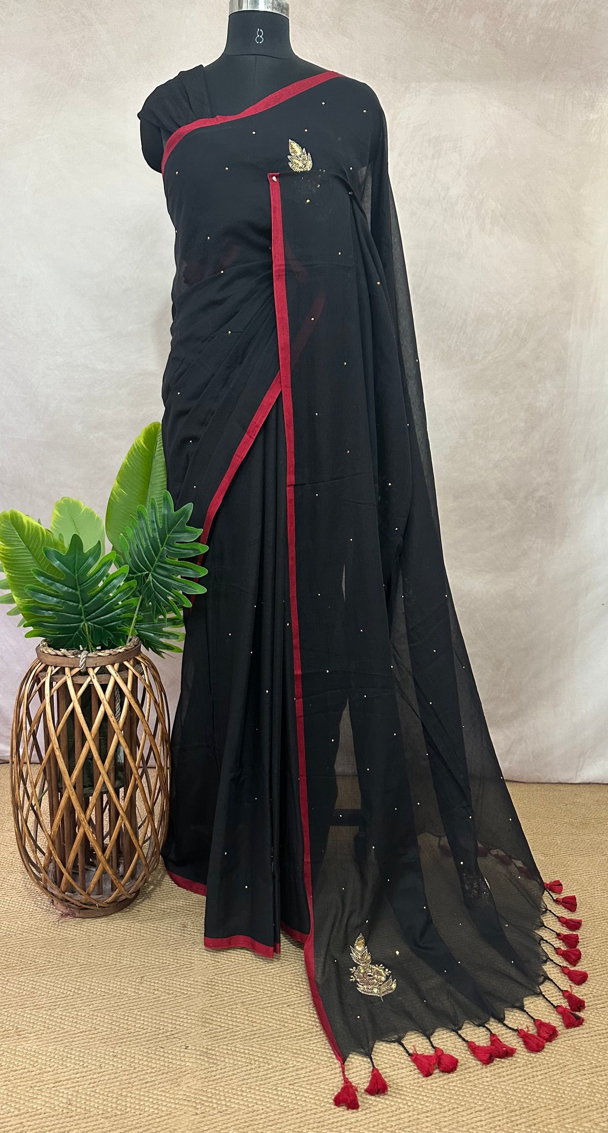 Black pure handloom mul cotton saree with zardosi hand work , no BP