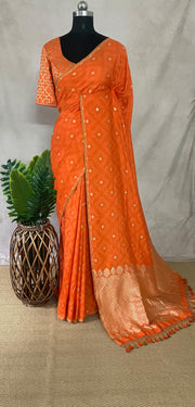Orange pure munga silk saree with Tanchoi Weave , stitched blouse